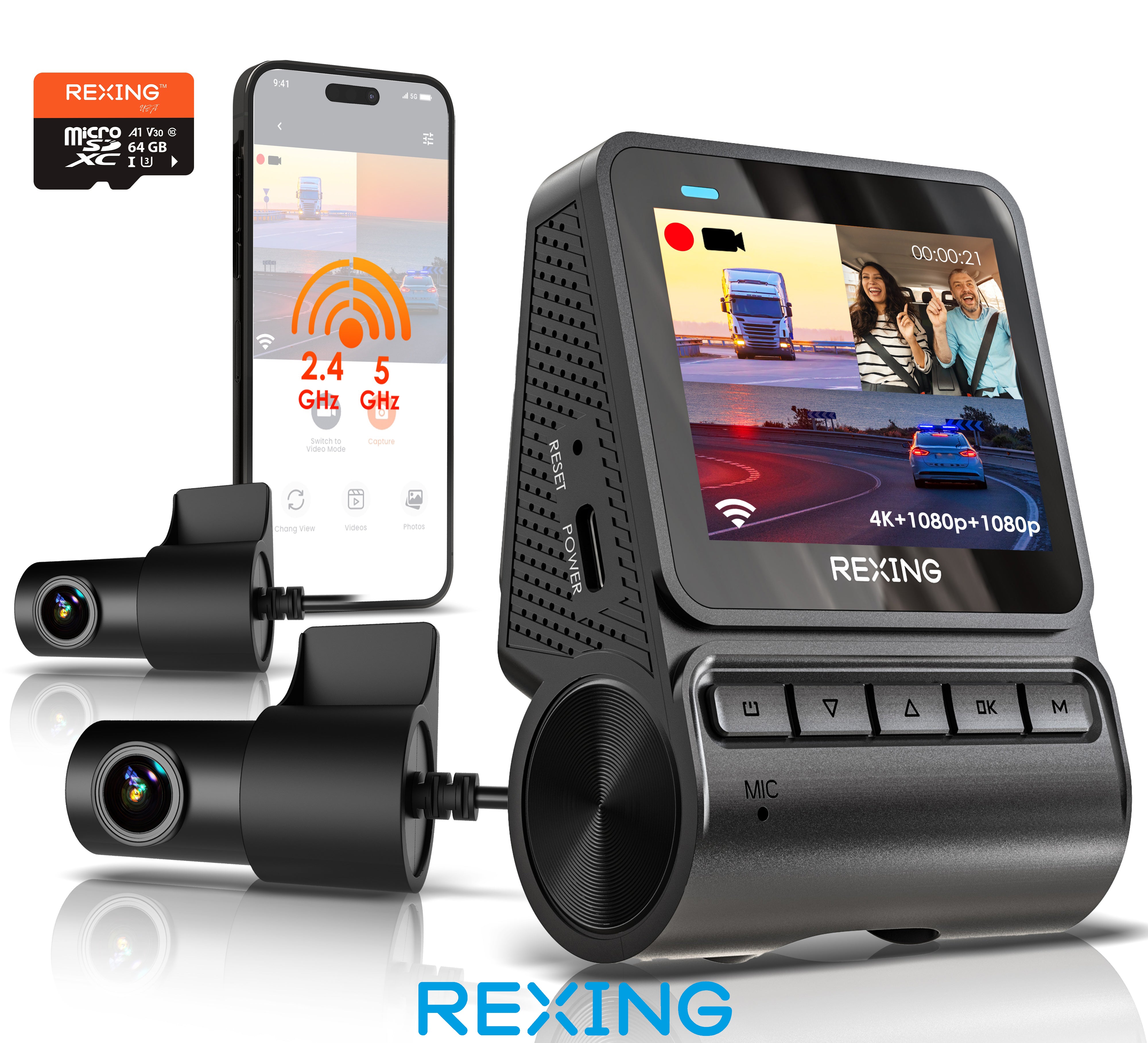 Rexing RH2 3 Kameralı (4K+1080P+1080P) WiFi Araç Kamerası + 64GB SD Kart