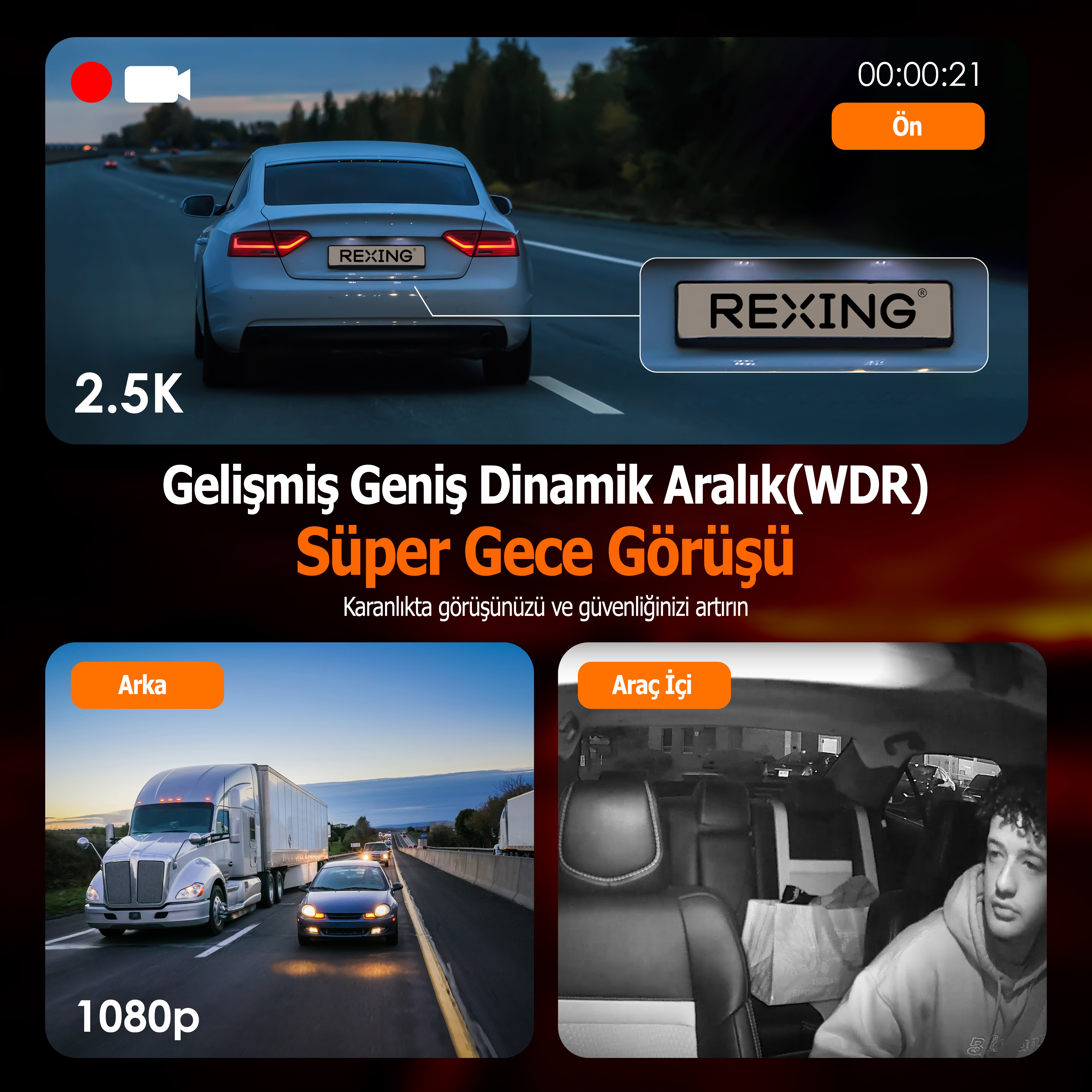 Rexing RH2 3 Kameralı (4K+1080P+1080P) WiFi Araç Kamerası + 64GB SD Kart