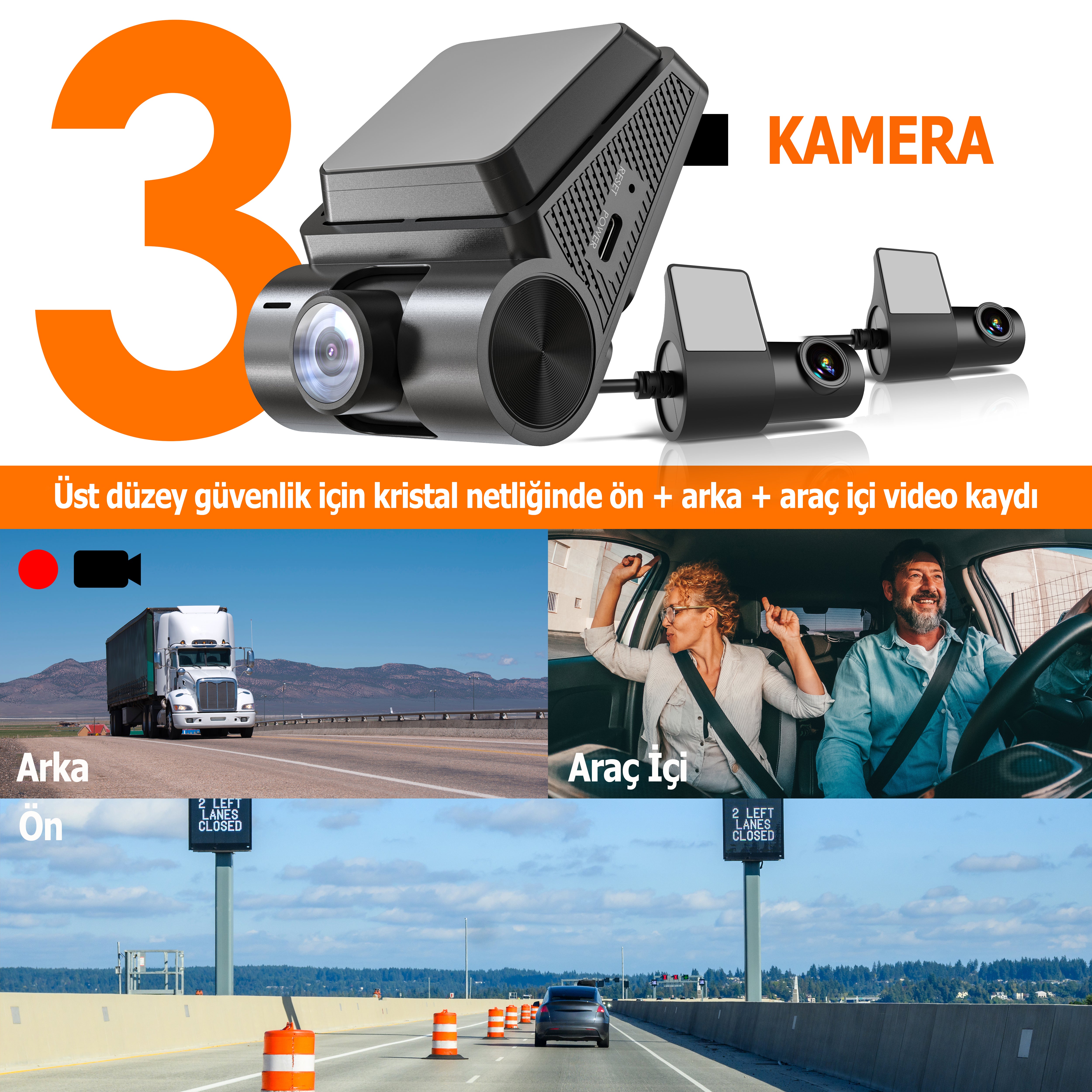 Rexing RH2 3 Kameralı (4K+1080P+1080P) WiFi Araç Kamerası + 64GB SD Kart