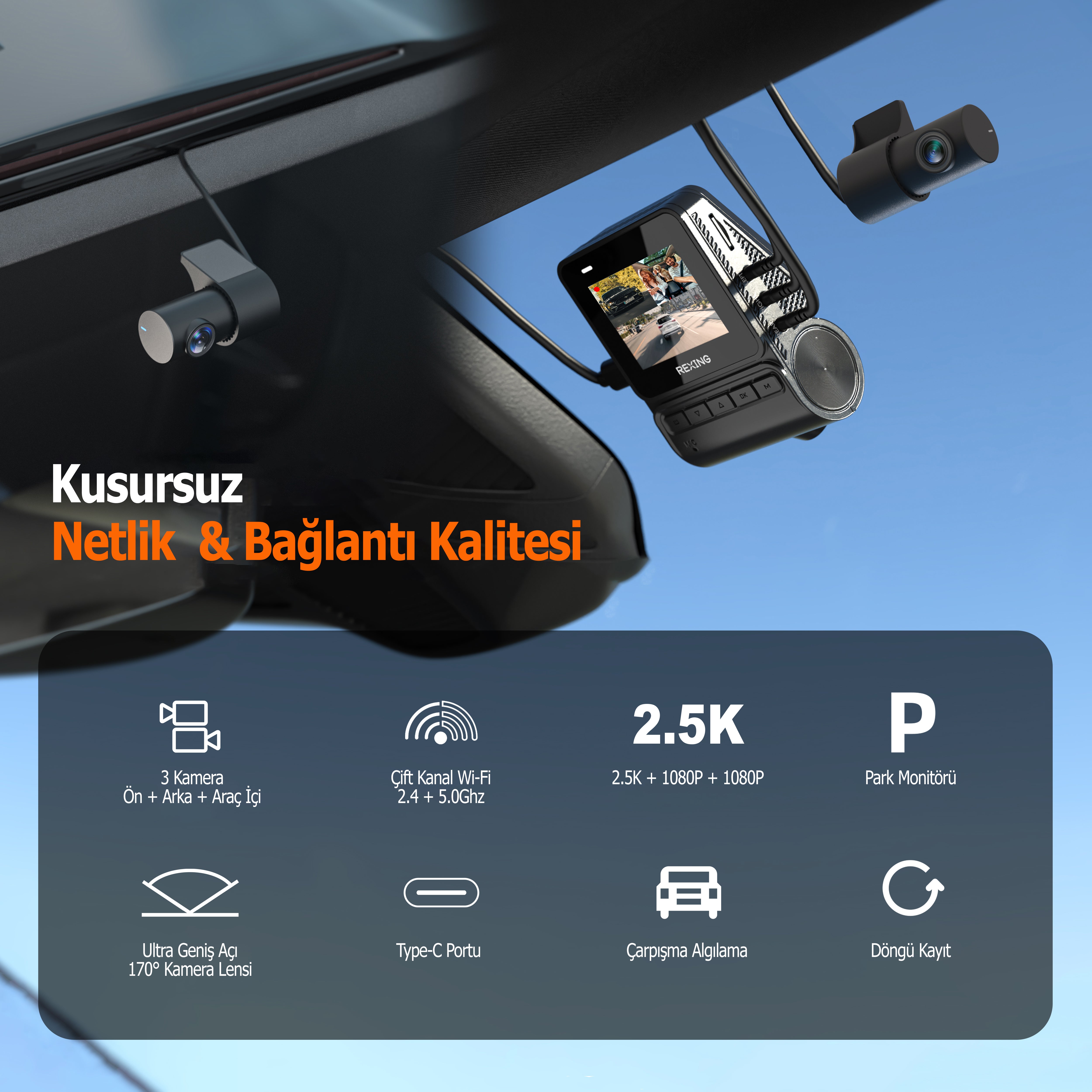 Rexing RH2 3 Kameralı (4K+1080P+1080P) WiFi Araç Kamerası + 64GB SD Kart