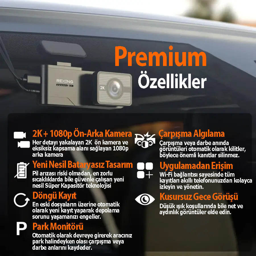 Rexing C2 2K+1080P WiFi Araç Kamerası + 32GB SD Kart