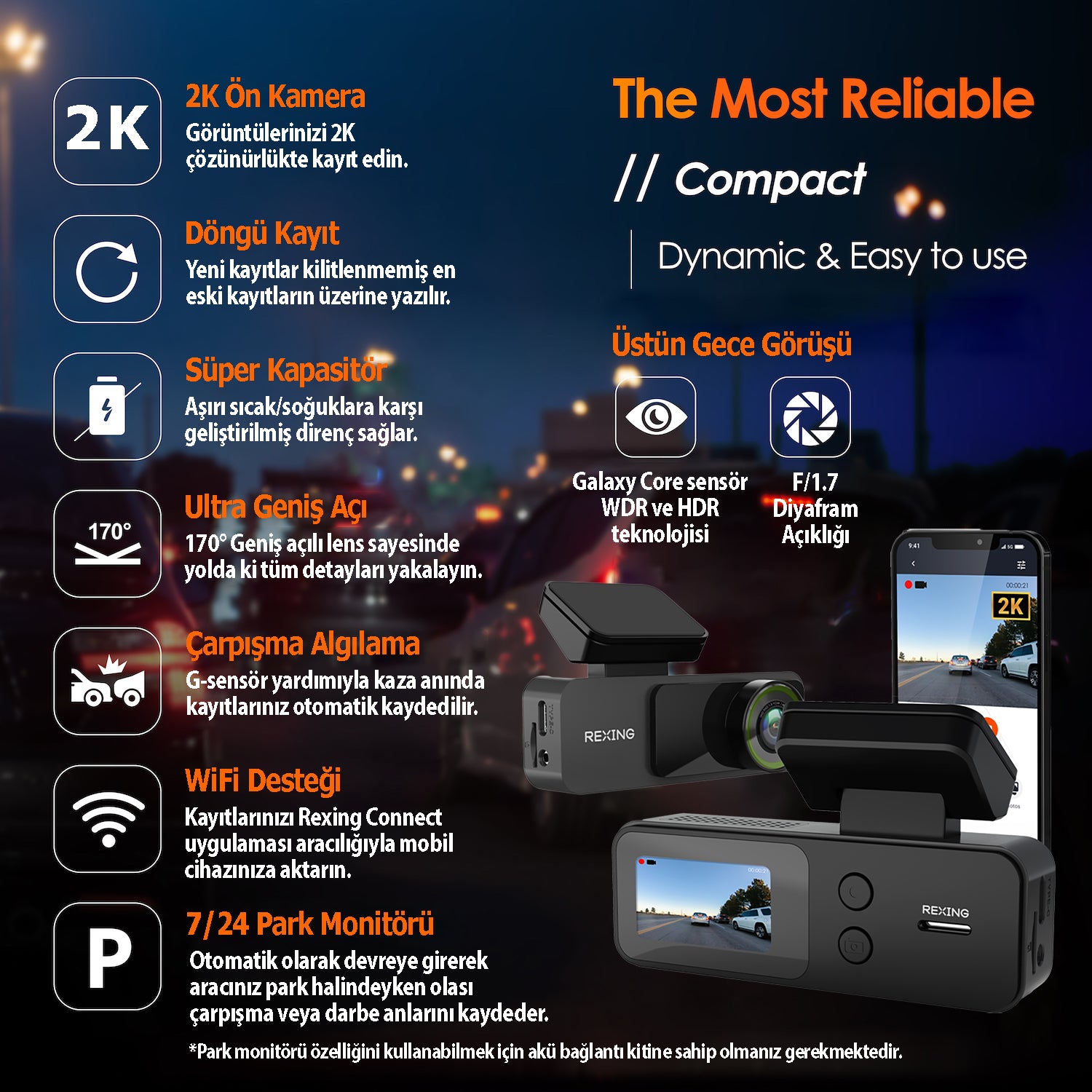 Rexing V1 Lite 2K WiFi Araç Kamerası + 32GB SD Kart